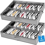 INAYA Under Bed Shoe Storage Organizer Set of 2, Fits 32 Pairs, Underbed Shoe Box Storage Containers Adjustable Dividers w/Bottom Support Velcro, Clear Foldable Shoes Storage w/Reinforced Handles