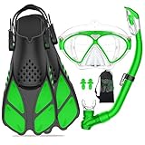Kids Mask Fin Snorkel Set for Children Boys Girls Dry Top Snorkel Diving Flippers Snorkeling Gear Panoramic View Diving Mask with Gear Bag for Snorkeling Swimming Scuba Diving Training (Green)