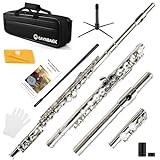 Eavnbaek C Flutes Closed Hole 16 Keys Flute, for Beginner Kids Student Flute Instrument with Cleaning Kit, Stand, Carrying Case, Gloves, Tuning Rod (Nickel)