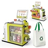 Jovow 48-Piece Pretend Play Cash Register Toy Set - Calculator, Shopping Bag, Scanners, Credit Cards, Coffee Machine, Play Food - Gift for Boys and Girls Ages 3+