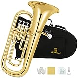 ROWELL Euphonium 3 Valves Bb Brass Lacquer Gold 3 Stainless Steel Pistons Student Euphonium Beginners Intermediate Euphonium with Case Gloves and Polishing Cloth