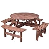 Giantex Wooden Picnic Table Set with Wood Bench, 4 Adults or 8 Kids Outdoor Round Table with Umbrella Hold Design, Perfect for Outdoor Garden Yard Pub Beer Dining, Dark Brown