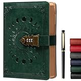 ZXHQ Lock Journal with Pen, A5 240 Pages Diary with Lock, Brown Edge, Refillable, Leather Hardcover (8.5 × 5.9inch) Dark Green