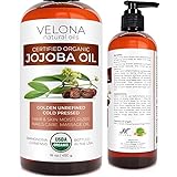 Velona Jojoba Oil USDA Certified Organic - 16 oz (With Pump) | 100% Pure and Natural | Golden, Unrefined, Cold Pressed, Hexane Free | Moisturizing Face, Hair, Body, Skin Care, Stretch Marks, Cuticles