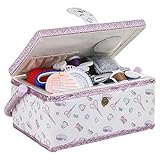 Large Wooden Sewing Box with Accessories Sewing Storage and Organizer with Complete Sewing Kit Tools, White Purple Sewing Basket with Removable Tray and Tomato Pincushion for Sewing Mending