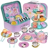 Jewelkeeper 42 Piece Tea Party Set for Little Girls Gift Pretend Kids Toy Tin Tea Set + Food & Carrying Case - Cat Design