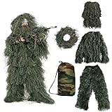 Ghillie Suit 3D Camouflage Hunting Apparel Adult Youth Kid Woodland Camo Hunting Clothes Including Jacket Pants Hood Carry Bag 5 in 1 Sniper Camo Suit for Military Sniper Forest Airsoft Paintball