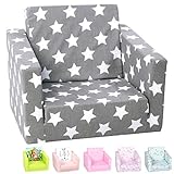 DELSIT Toddler Chair & Kids Sofa - European Made Children's 2 in 1 Flip Open Foam Single Sofa, Toddler Fold Out Chair, Kids Couch, Comfy Flip Out Lounge (Gray with Stars)