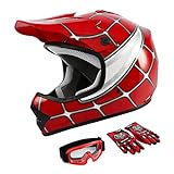 TCMT Dot Youth & Kids Motocross Offroad Street Helmet Red Spider Motorcycle Youth Helmet Dirt Bike Motocross ATV Helmet+Goggles+Gloves L