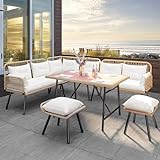 YITAHOME Patio Wicker L-Shaped Furniture Set, All-Weather Rattan Outdoor Conversation Sofa Set for Backyard Deck with Soft Cushions,Ottomans and Plastic Wood Dining Table (Light Brown+Beige)