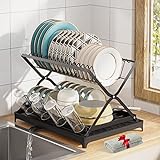 1Easylife Dish Drying Rack Collapsible: 2-Tier Dish Rack with Drainboard, Self Draining Dish Dryer for Kitchen Counter Rustproof, Foldable Utensil Drainer with Cup Holder Free Towel