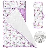 Toddler Nap Mat for Girls Floral, Warm Kids Sleeping Mat with Removable Pillow and Fleece Minky Blanket, Lightweight Perfect for Kids Preschool, Daycare, Travel Sleeping Bag, Fit Standard Cot