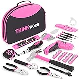 THINKWORK 122-Piece Pink Tool Set with 3.6V Rotatable Electric Screwdriver, Home Tool Kit for Women with Easy Carrying Round Pouch, Ladies Pink Tool Kit for Home Maintenance, DIY, Gifts