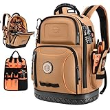 Tool Bag Backpack, 75 Pockets & Loops Canvas Heavy Duty Tools Organizer Bags/HVAC Tool Carrier for Eelectrician/Construction Work with Molded Base and Combination Lock - Brown