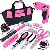 THINKWORK 40-Piece Pink Tool Set - Ladies Hand Tool Set with 3.6V Rotatable Electric Screwdriver - Long-lasting and Durable-Very Suitable for Gifts, Perfect for DIY, Daily Home Decoration