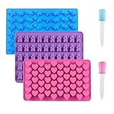 3 Pack Silicone Chocolate Molds, Reusable Candy Baking Mold Ice Cube Trays Candies Making Supplies with 2 Droppers, Nonstick Silicone Gummy Molds Including Mini Dinosaur, Hearts, Bear Shape