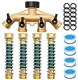 4 Way Hose Splitter with 4Pcs Garden Hose Extension Adapter, Brass Garden Hose Splitter Set, Hose Spigot Adapter with 4 Valves and 12 Rubber Washers & 4 Tapes (4 Way Splitter with 4Pcs hose protector)
