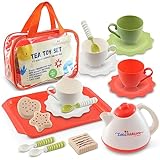Little Additions Tea Party Set for Little Girls, Plastic Tea Set for Little Girls and Boys, 17 Pieces Kids Tea Set, Tea Set for Toddlers with Carrying Case, Pretend Play Toddler Tea Set 3-6 Years Old