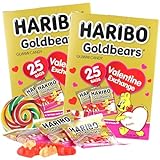 2024 Candy Valentine's Classroom Exchange Kit Bundle, Includes 2 Boxes of Individually Bagged Gummy Bears, and Swirl Sticker Accessory, 50 Packs Total