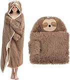 YIRDDEO Wearable Blanket Hoodie Fuzzy Sloth Blanket Gifts for Women Oversized Travel Blanket Adult Comfy Animal Blankets with Fluffy Plush Sleeves Brown