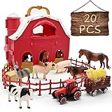 Farm Animals Red Barn Toys, 20PCS Farm Figurines and Fence Playset, Farmer Vehicle Toy Truck Pretend Play Set for 3-10 Years Old Kids Boys Girls Toddlers