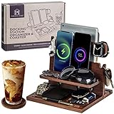 Solid Wood Phone Docking Station for up to 3 Phones - Nightstand Organizer for Men & Women Holds Multiple Phones, Tablets, Apple Watch & More - Neatly Stores Keys, Rings, Glasses & EDC, Brown