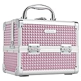 Joligrace Makeup Train Case Portable Cosmetic Box Jewelry Organizer Lockable with Keys and Mirror 2-Tier Trays for Makeup Artists Craft Nail Kits Sewing Box Traveling Makeup Storage Case Pink