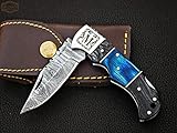 Personalized & Customized Word 'M' Damascus pocket knife folding hunting knives 6.5' back lock with leather sheath Damascus blade knife - folding camping pocket knife - small folding knife - handmade gift knife - folding knives - sharpest pocket knife - hiking knife - outdoor knife - best pocket knife - mens knife (M)