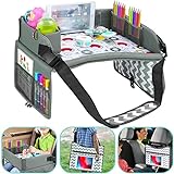 Kids Travel Tray - Car Seat Tray or Table as Road Trip Essentials – Children Kids Lap Desk as Travel Accessories for Toddler Airplane Travel Activity, Snack with Storage Pockets & Dry Erase Board