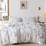 Janzaa 3pcs White Comforter Set, Soft Microfiber Bedding Plant Flowers Printed Comforter with 2 Pillow Cases for All Seasons(Queen)