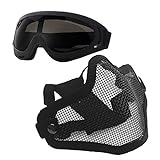 Anyoupin Airsoft Mask and Goggles Set Adjustable Metal Steel Mesh Half Face Mask with Ultra-Violet Protective Outdoor Glasses Goggles for Paintball Shooting Cosplay War Game Black & Gray Goggles