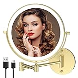 MIROAMZ Rechargeable Wall Mounted Lighted Makeup Vanity Mirror 8 Inch Double Sided 1X 10X Magnifying Bathroom Mirror, 3 Color Lighting, Touch Screen Dimming, 360 Rotation Shaving Mirror Gold