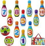 dmsbuy Hand-Eye Coordination Bowling Toys, Activity Center Fine Motor Toy for 6-12-18 Months Old Boys Girls Outside/Indoor Games 10 Bowling Pins and 2 Balls Birthday Party Gift for Kids