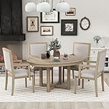 FIQHOME 5-Piece, Round to Oval Extendable Butterfly Leaf, Table and 4 Upholstered Chairs with Armrests,Kitchen Dining Set,Natural Wood Wash
