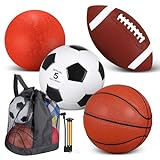 Lenwen 4 Pcs Sports Balls Set, Include Pump, Equipment Bag Official Size Basketball Soccer Football Playground Ball for Kid Teen Adult