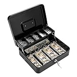 Goehiaul Cash Box with Lock Key and Money Tray Large Money Box for Cash Metal Lock Box for Money 11.8' x 9.4' x 3.54' Black