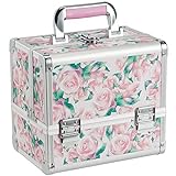 Joligrace Makeup Box Cosmetic Train Case Jewelry Organizer Lockable with Keys and Mirror 2-Tier Tray Portable Carrying Travel Storage Box with Handle Rose Flower Pattern