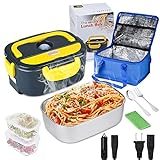 Portable Food Warmer, Diggtek 50W Electric Lunch Box for Car and Home,3 in 1 Heated Lunch Box 12V 24V 110V with Removable Stainless Steel Container,2 Compartments,Fork & Spoon,Washing Cloth, Carry Bag