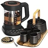 Vianté Luxury Tea Party Set. Complete with Automatic Tea Maker with Infuser for loose tea bags. Ceramic serving set. Tea pot/cup set and wooden tray. Excellent gift for tea lovers.