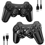 Diswoe Controllers for PS-3, Wireless PS-3 Controller 2 Pack, Bluetooth Gamepad Joystick, Double Vibrating Controller for Play_station 3 with 2 USB Charging Cables Thump Grips, Black