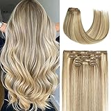 Clip in Hair Extensions Real Human Hair, Balayage Hair Extensions Mixed Bleach Blonde 12inch 70g 7pcs Honsoo Real Human Hair Straight Silky Blonde Hair Extensions For Women Natural Hair(12'#18613)