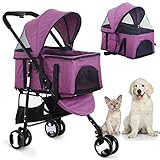 Cat& Dog Stroller Pet Strollers 3 Wheel Doggy Stroller for Small Medium Dogs 3-in-1 Detachable Travel Carrier Pet Gear Stroller Wagons for Dogs Trolley for Cat Doggie Rabbit Puppy, Purple