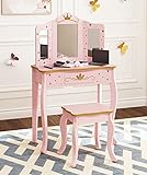 UTEX Pretend Play Kids Vanity Set with Mirror and Stool, Kids Make Up Vanity Desk with Mirrror for Little Girls, Children Makeup Dressing Table with Drawer, Pink