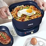 GREECHO 1.5L Electric Hot Pot with Grill, Non-Stick MIni Pot with 4 Mode Multifunction, Frying Pan, Steamer and Noddle Cooker, 4 Temperature Control Electric Pot with 2 Voltage Conversion, Shabu Shabu Hot Pot Electric for Ramen Lovers, Airline Crews and Travelers, Matte Blue