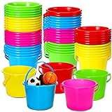 Leitee 50 Pieces Mini Plastic Beach Pail 6.3 Inch Small Sand Bucket Colored Beach Pails Set for Kids Toddlers Birthday Party Favors Prize Summer Outdoor Sand Molds Game