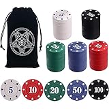 IXIGER Poker Chips,Denomination Poker Chips Set with Black Velvet Pouch Bag,Plastic Learning Counters Disks and Learning Math Counting Chips,Game Night Party Supplies(100pcs)