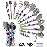 38 Piece Silicone kitchen Cooking Utensils Set with Utensil Crocks, Silicone Head and Stainless Steel Handle Cookware, Kitchen Tools for Utensil Set, Non-Stick kitchen Gadgets,Dishwasher Safe(Rainbow)