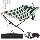 Double Hammock with Stand Portable, 550lbs Capacity, Extra Large Two Person Hammock Rope Hammock with Spreader Bar, Removable Cotton Pad & Pillow, Extra Tree Straps Carabiners for Outdoor, Blue Stripe