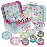 Jewelkeeper Toddler Toys Tea Set for Little Girls - 15 Pcs Tin Tea Set for Kids Tea Time Includes Teapot, 4 Tea Cup and Saucers Set & 4 Snack Plates , Llama Tea Party Set with Carrying Case