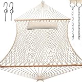 Y- STOP 13.2FT Hammocks,Traditional Cotton Rope Hammock with Chains and Hooks for Outdoor,Indoor,Patio Yard,Double Solid Wood,for Two Person,Max 440 Lbs(Natural)